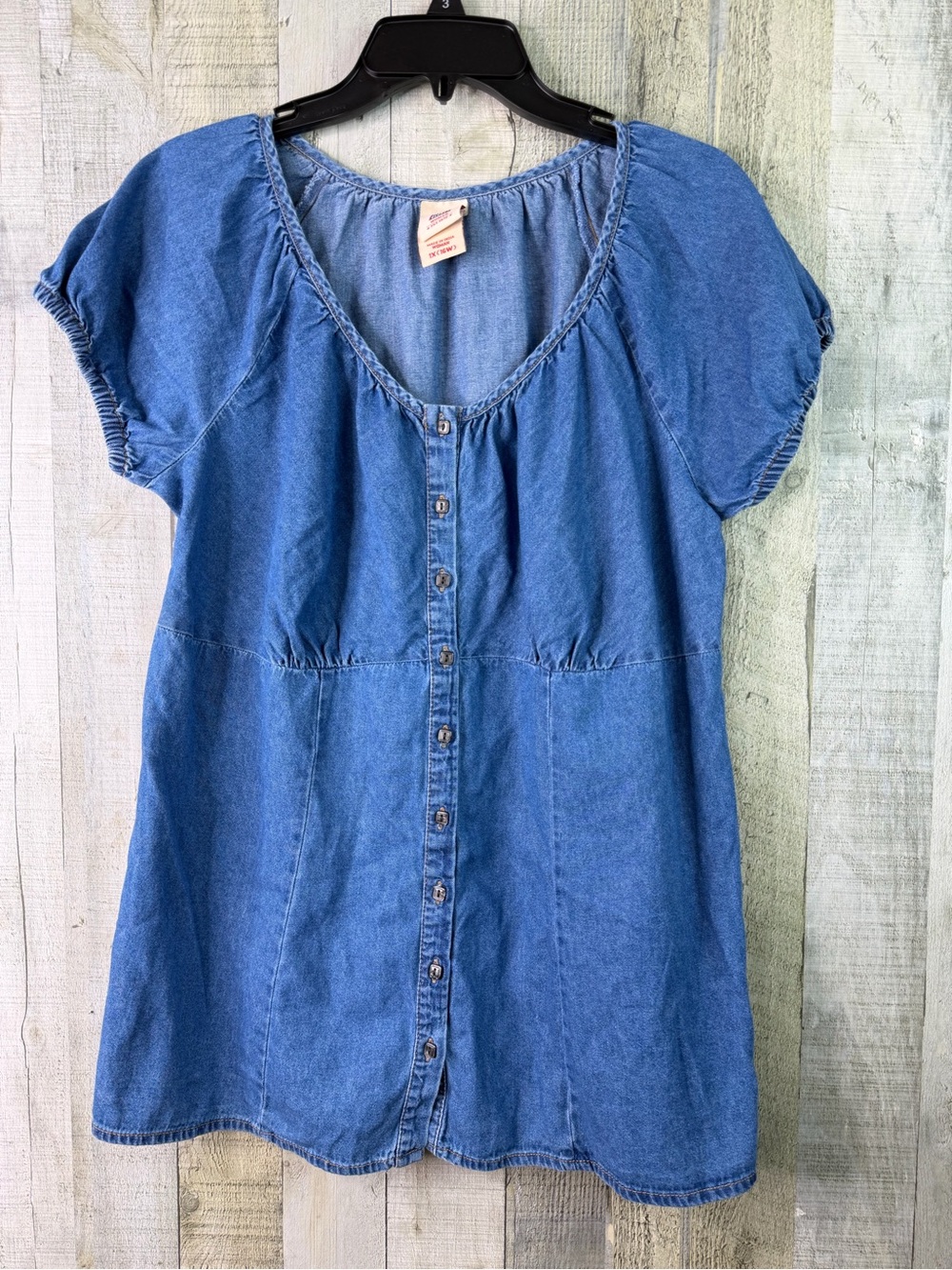 Faded Glory 1X(16W) Button Front Denim Top Scoopneck Cap Sleeves Empire Waist